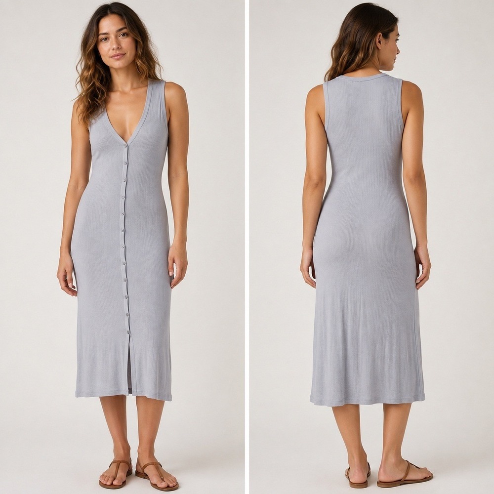 James Perse Ribbed Cotton Midi Dress Womens 2 Gray Button Minimalist Sleeveless